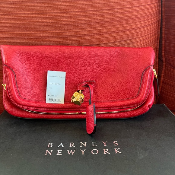 Alexander McQueen Handbags - Alexander McQueen Red Fold Over  Clutch With Gold Hardware and Skull Tassel